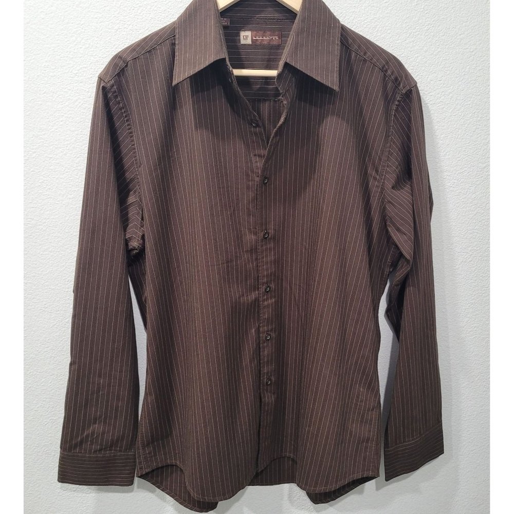 Level Ten Mens Long Sleeve Button Brown Pin Stripe Dress Shirt, Size XL